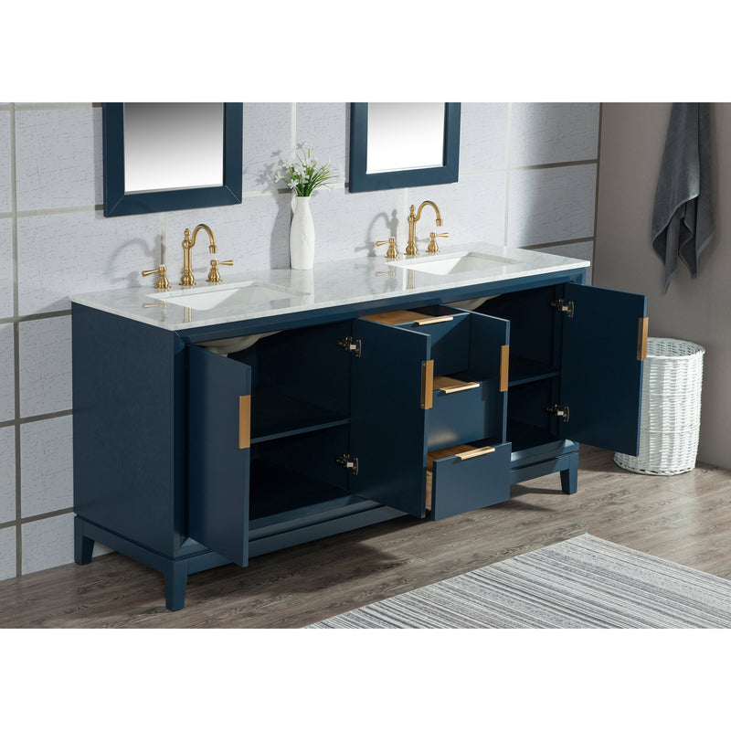 Water Creation Elizabeth 60" Double Sink Carrara White Marble Vanity In Monarch Blue with Matching Mirror and F2-0012-06-TL Lavatory Faucet EL60CW06MB-R21TL1206