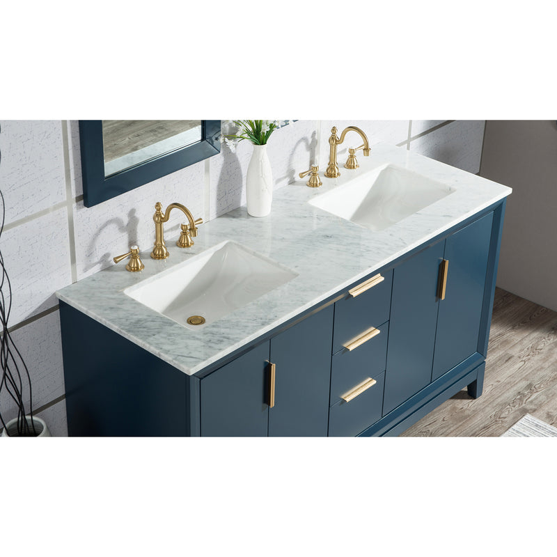 Water Creation Elizabeth 60" Double Sink Carrara White Marble Vanity In Monarch Blue EL60CW06MB-000000000