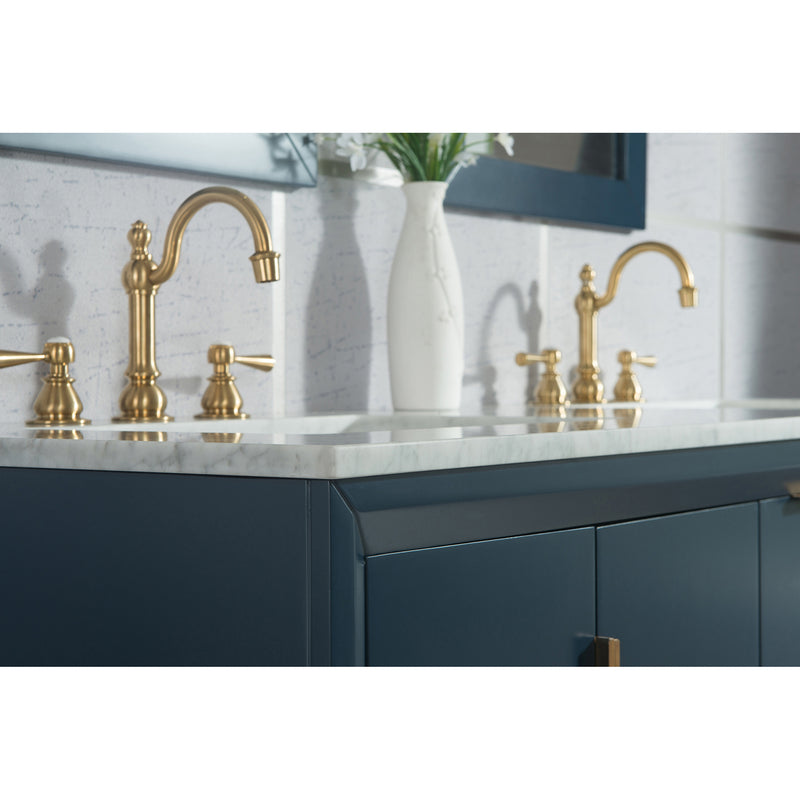 Water Creation Elizabeth 60" Double Sink Carrara White Marble Vanity In Monarch Blue with Matching Mirror and F2-0012-06-TL Lavatory Faucet EL60CW06MB-R21TL1206