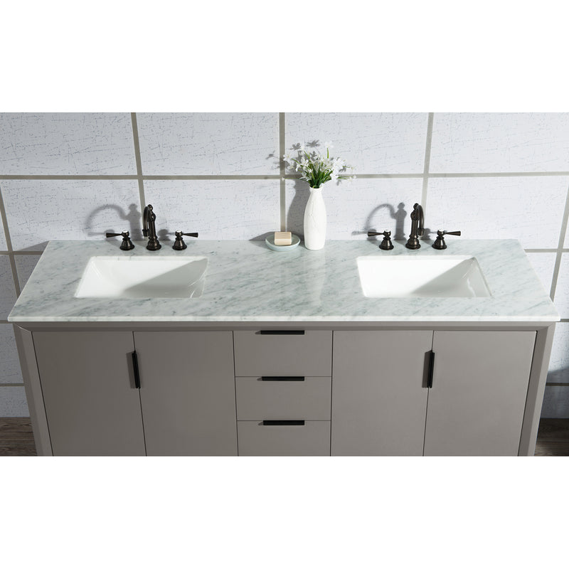 Water Creation Elizabeth 72" Double Sink Carrara White Marble Vanity In Cashmere Gray with F2-0012-03-TL Lavatory Faucet EL72CW03CG-000TL1203