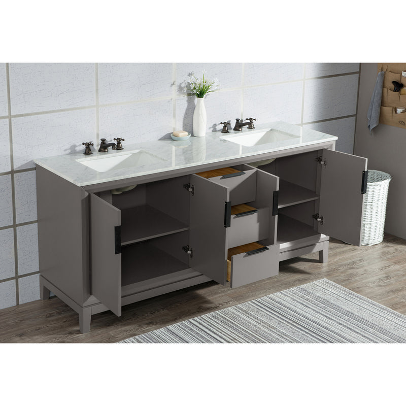 Water Creation Elizabeth 72" Double Sink Carrara White Marble Vanity In Cashmere Gray with Matching Mirror and F2-0009-03-BX Lavatory Faucet EL72CW03CG-R21BX0903