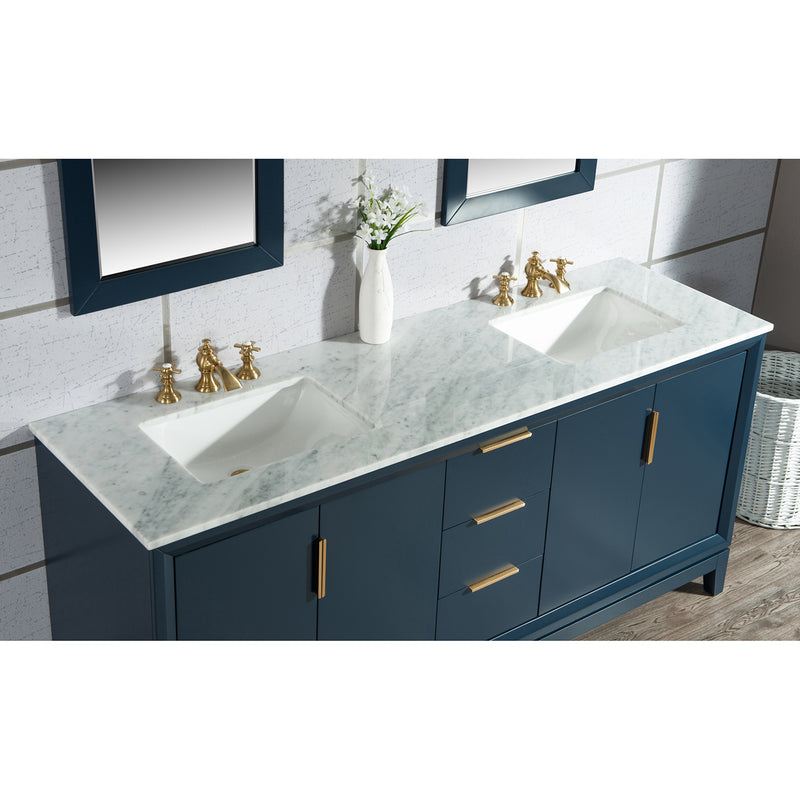 Water Creation Elizabeth 72" Double Sink Carrara White Marble Vanity In Monarch Blue with Matching Mirror and F2-0013-06-FX Lavatory Faucet EL72CW06MB-R21FX1306