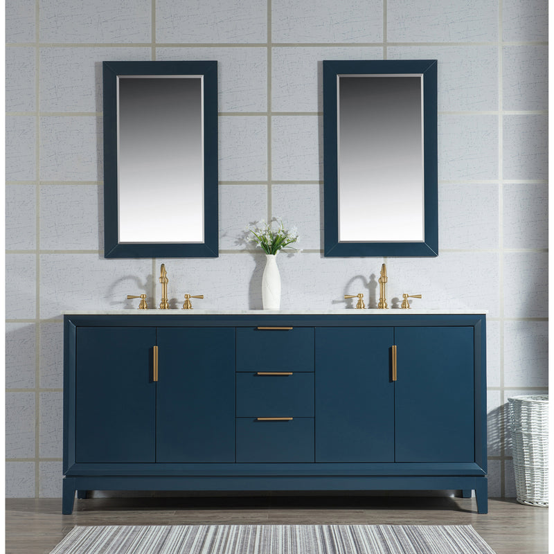 Water Creation Elizabeth 72" Double Sink Carrara White Marble Vanity In Monarch Blue with Matching Mirror and F2-0012-06-TL Lavatory Faucet EL72CW06MB-R21TL1206