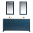 Water Creation Elizabeth 72" Double Sink Carrara White Marble Vanity In Monarch Blue with Matching Mirror and F2-0013-06-FX Lavatory Faucet EL72CW06MB-R21FX1306