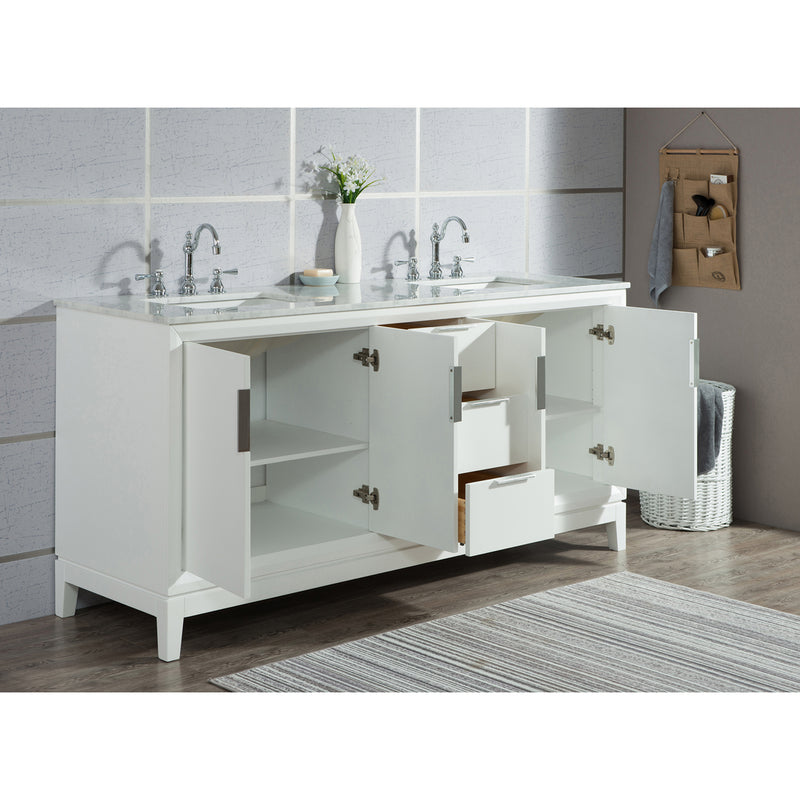 Water Creation Elizabeth 72" Double Sink Carrara White Marble Vanity In Pure White with Matching Mirror and F2-0012-01-TL Lavatory Faucet EL72CW01PW-R21TL1201