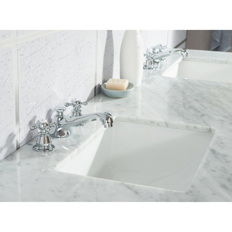 Water Creation Elizabeth 72" Double Sink Carrara White Marble Vanity In Pure White with F2-0009-01-BX Lavatory Faucet EL72CW01PW-000BX0901