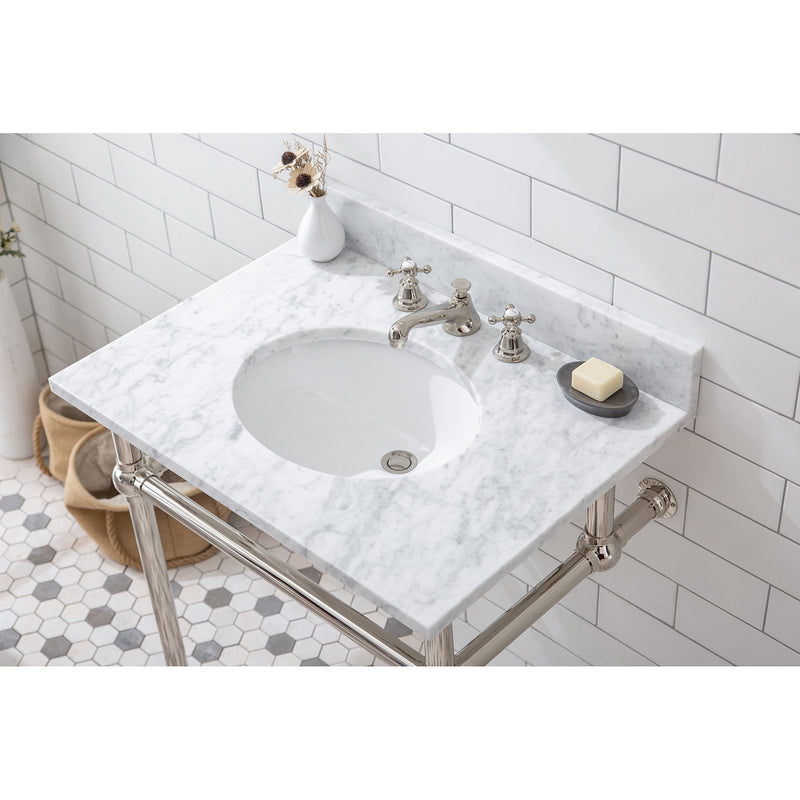 Water Creation Embassy 30" Wide Single Wash Stand P-Trap Counter Top with Basin and F2-0009 Faucet included In Polished Nickel PVD Finish EB30D-0509