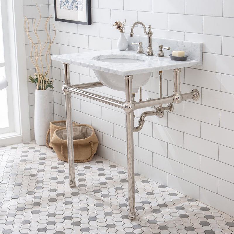 Water Creation Embassy 30" Wide Single Wash Stand P-Trap Counter Top with Basin F2-0012 Faucet and Mirror included In Polished Nickel PVD Finish EB30E-0512