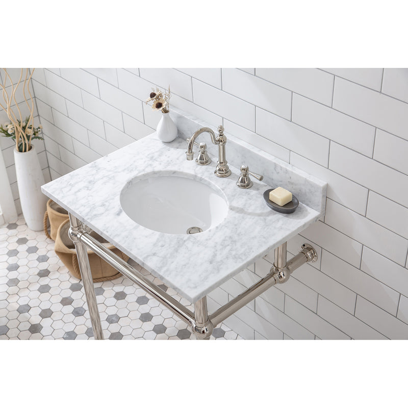 Water Creation Embassy 30" Wide Single Wash Stand P-Trap Counter Top with Basin F2-0012 Faucet and Mirror included In Polished Nickel PVD Finish EB30E-0512