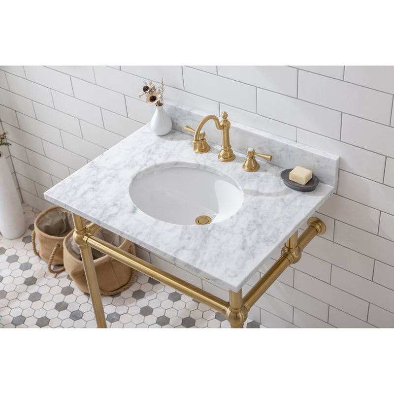 Water Creation Embassy 30" Wide Single Wash Stand P-Trap Counter Top with Basin F2-0012 Faucet and Mirror included In Satin Gold Finish EB30E-0612