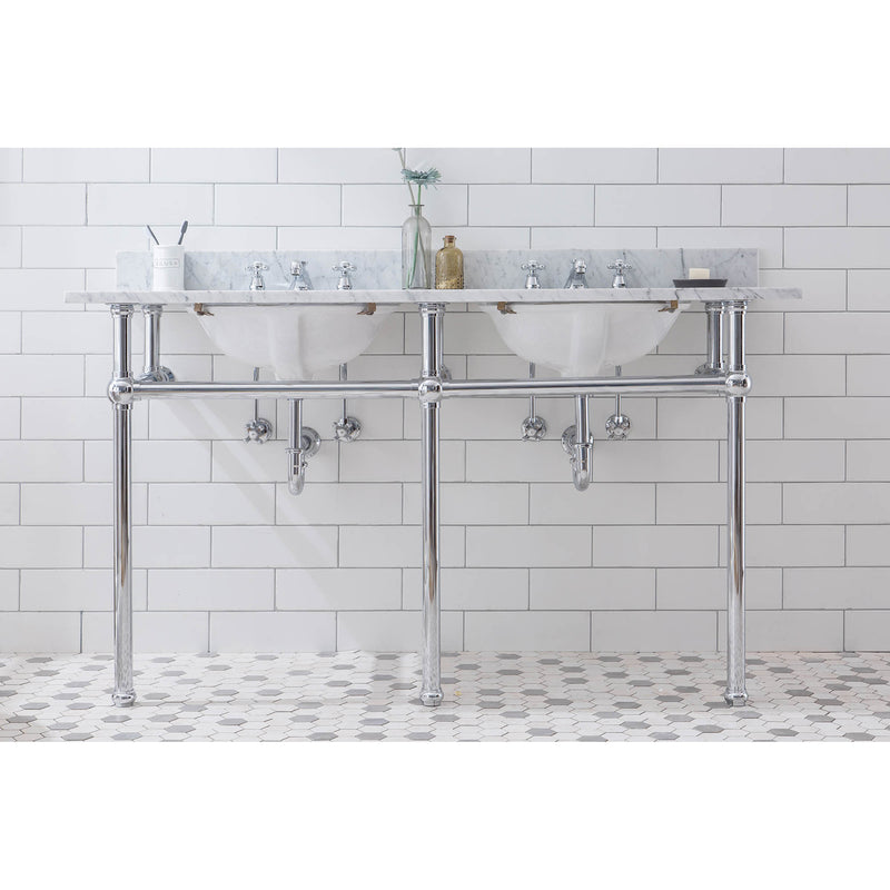 Water Creation Embassy 60" Wide Double Wash Stand P-Trap Counter Top with Basin F2-0009 Faucet and Mirror included In Chrome Finish EB60E-0109