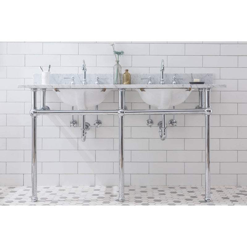 Water Creation Embassy 60" Wide Double Wash Stand P-Trap Counter Top with Basin F2-0012 Faucet and Mirror included In Chrome Finish EB60E-0112