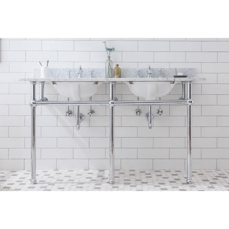 Water Creation Embassy 60" Wide Double Wash Stand P-Trap Counter Top with Basin F2-0013 Faucet and Mirror included In Chrome Finish EB60E-0113