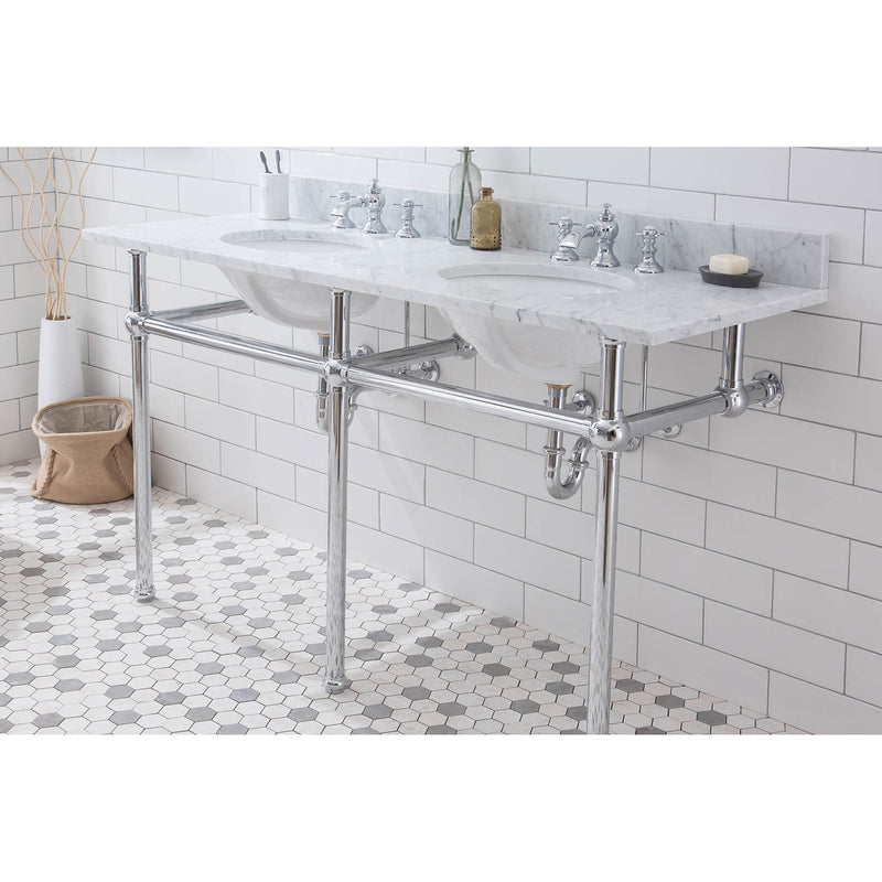 Water Creation Embassy 60" Wide Double Wash Stand P-Trap Counter Top with Basin F2-0013 Faucet and Mirror included In Chrome Finish EB60E-0113