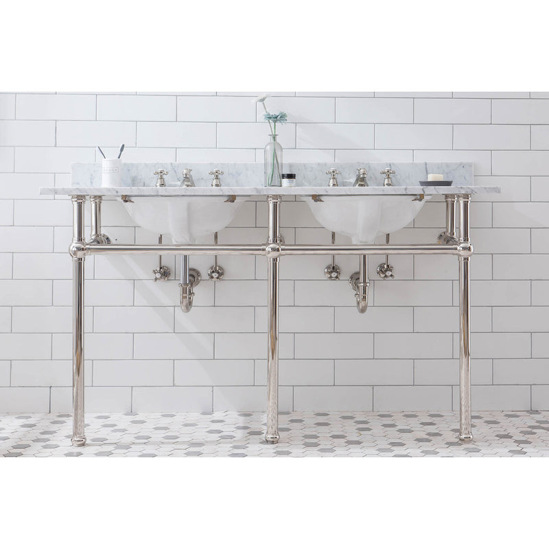 Water Creation Embassy 60" Wide Double Wash Stand P-Trap Counter Top with Basin and F2-0009 Faucet included In Polished Nickel PVD Finish EB60D-0509