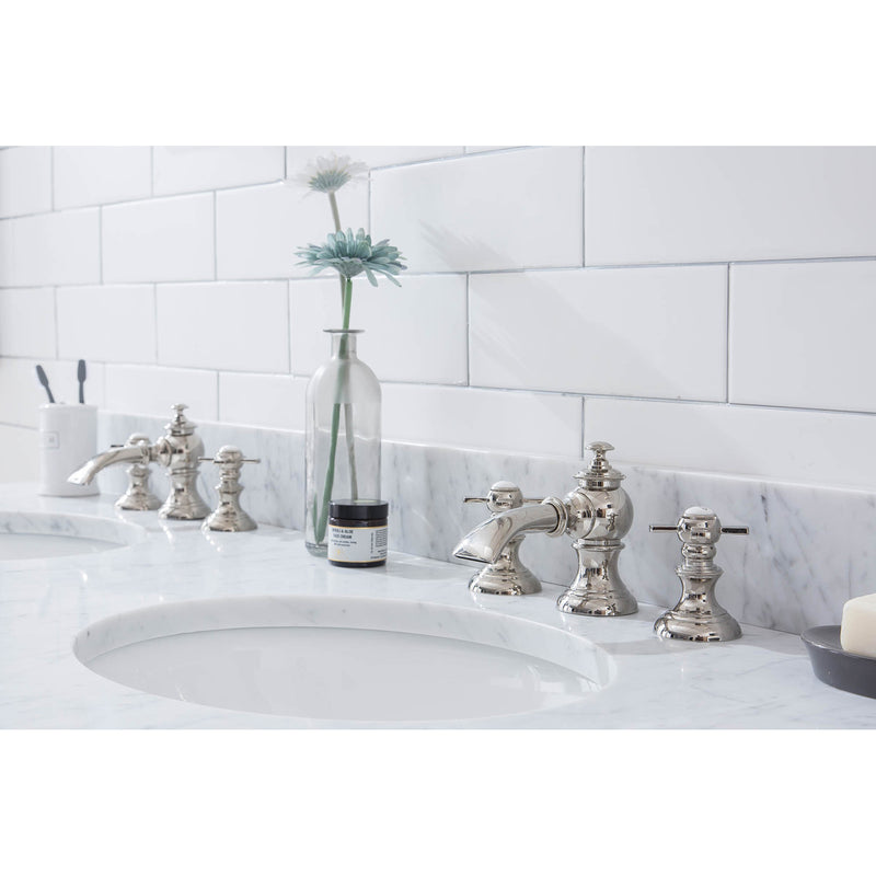 Water Creation Embassy 60" Wide Double Wash Stand P-Trap Counter Top with Basin F2-0013 Faucet and Mirror included In Polished Nickel PVD Finish EB60E-0513