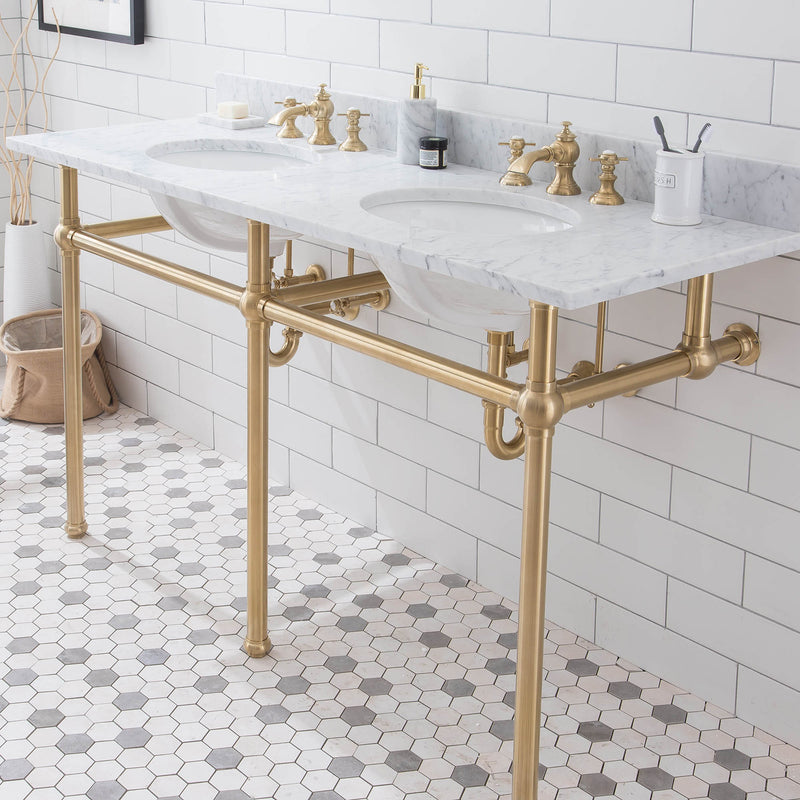 Water Creation Embassy 60" Wide Double Wash Stand P-Trap Counter Top with Basin and F2-0013 Faucet included In Satin Gold Finish EB60D-0613