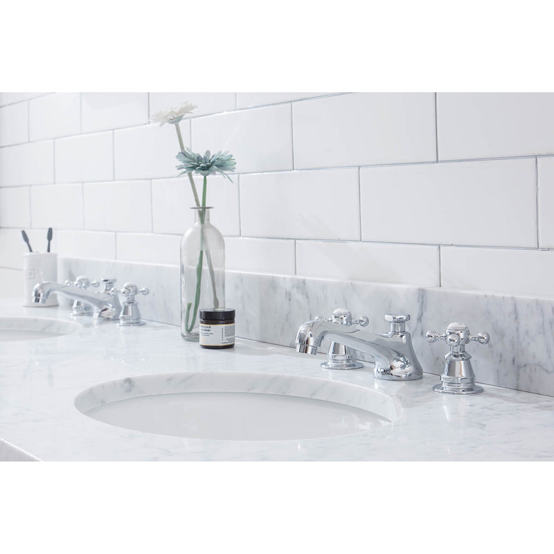 Water Creation Embassy 72" Wide Double Wash Stand P-Trap Counter Top with Basin F2-0009 Faucet and Mirror included In Chrome Finish EB72E-0109