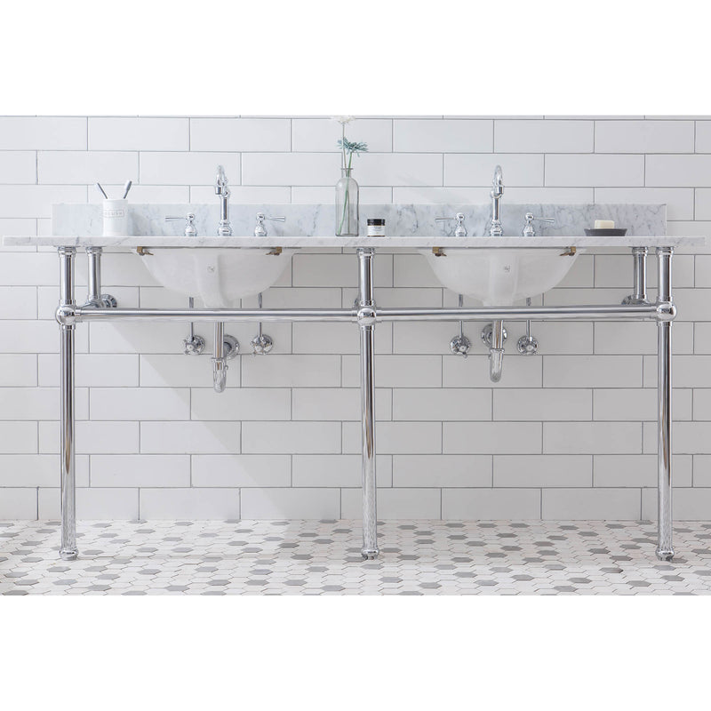 Water Creation Embassy 72" Wide Double Wash Stand P-Trap Counter Top with Basin F2-0012 Faucet and Mirror included In Chrome Finish EB72E-0112