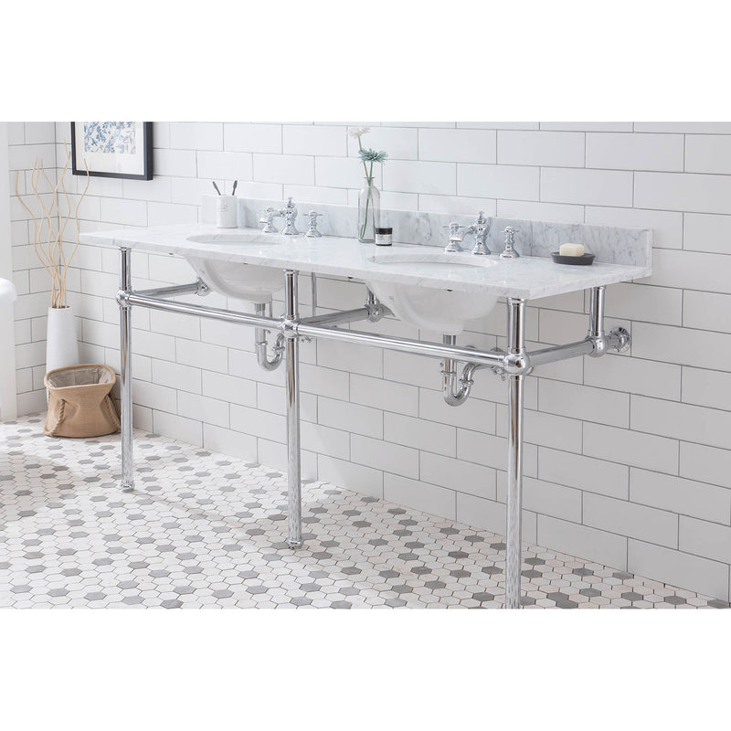 Water Creation Embassy 72" Wide Double Wash Stand P-Trap Counter Top with Basin and F2-0013 Faucet included In Chrome Finish EB72D-0113