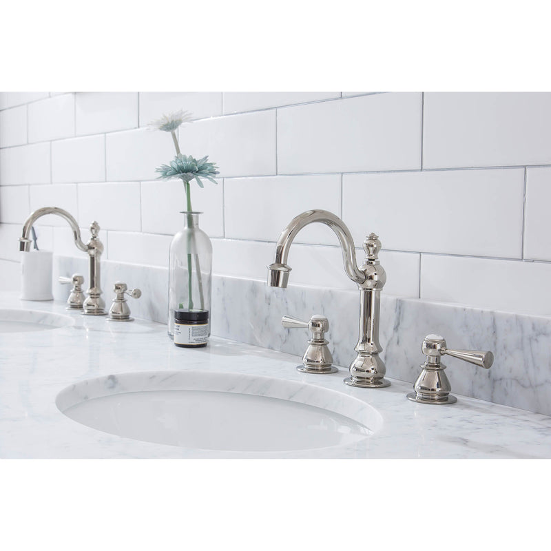 Water Creation Embassy 72" Wide Double Wash Stand P-Trap Counter Top with Basin F2-0012 Faucet and Mirror included In Polished Nickel PVD Finish EB72E-0512