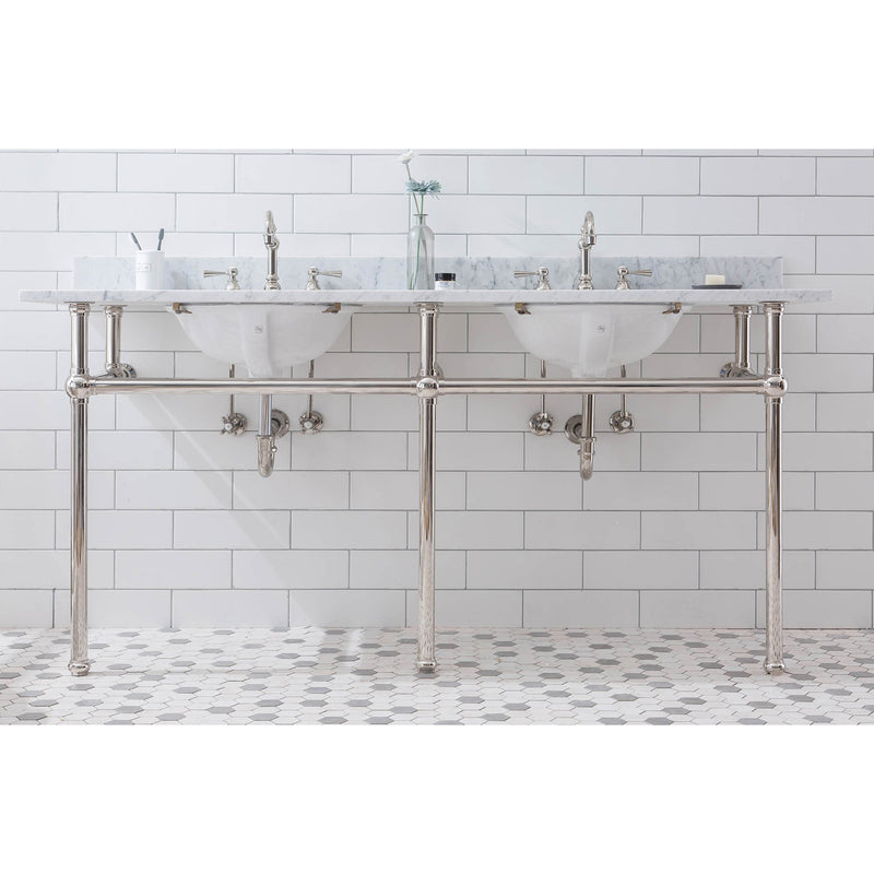 Water Creation Embassy 72" Wide Double Wash Stand P-Trap Counter Top with Basin F2-0012 Faucet and Mirror included In Polished Nickel PVD Finish EB72E-0512