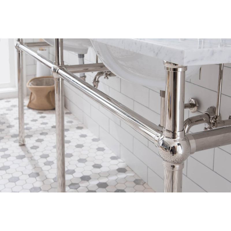 Water Creation Embassy 72" Wide Double Wash Stand P-Trap Counter Top with Basin F2-0012 Faucet and Mirror included In Polished Nickel PVD Finish EB72E-0512