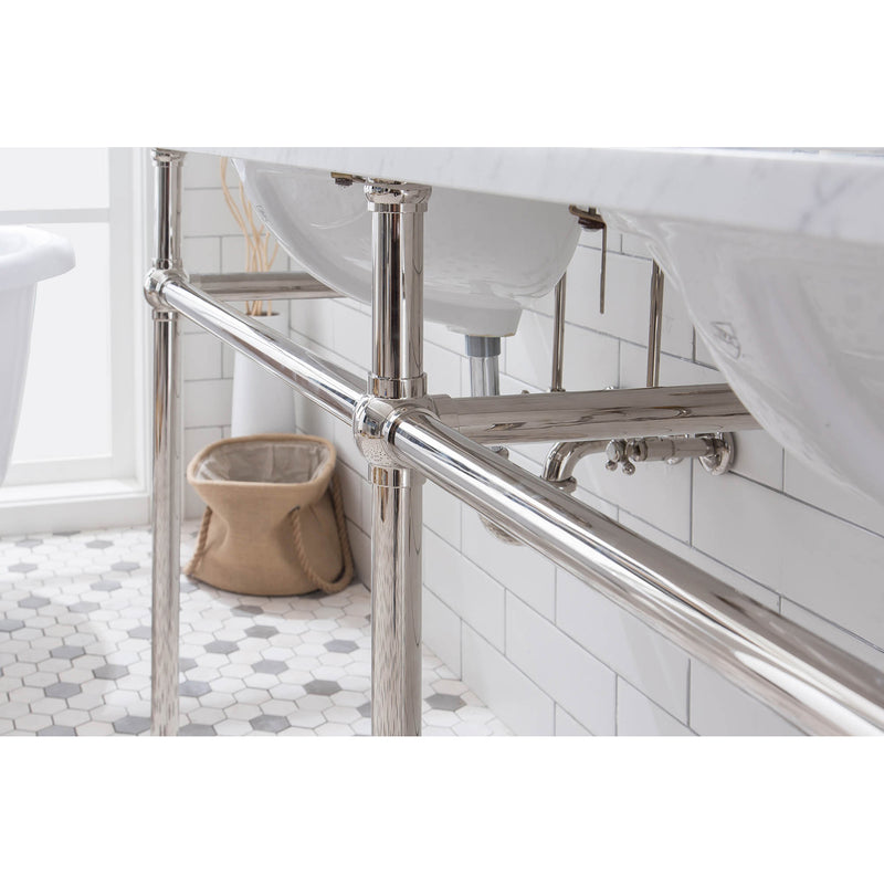 Water Creation Embassy 72" Wide Double Wash Stand P-Trap Counter Top with Basin F2-0012 Faucet and Mirror included In Polished Nickel PVD Finish EB72E-0512