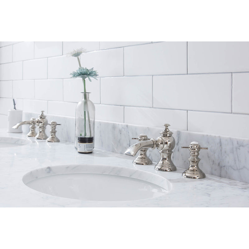 Water Creation Embassy 72" Wide Double Wash Stand P-Trap Counter Top with Basin and F2-0013 Faucet included In Polished Nickel PVD Finish EB72D-0513