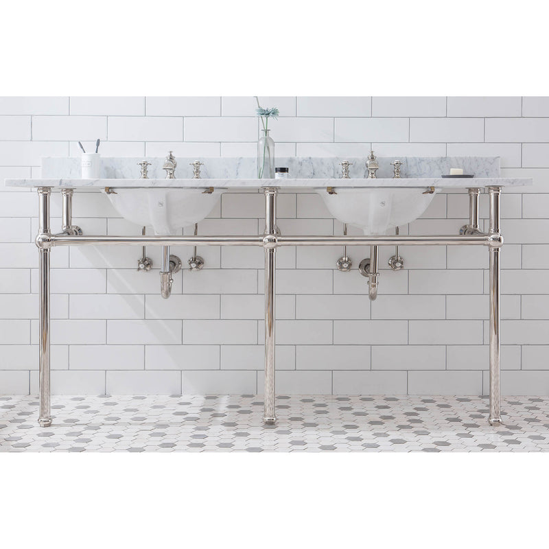 Water Creation Embassy 72" Wide Double Wash Stand P-Trap Counter Top with Basin F2-0013 Faucet and Mirror included In Polished Nickel PVD Finish EB72E-0513