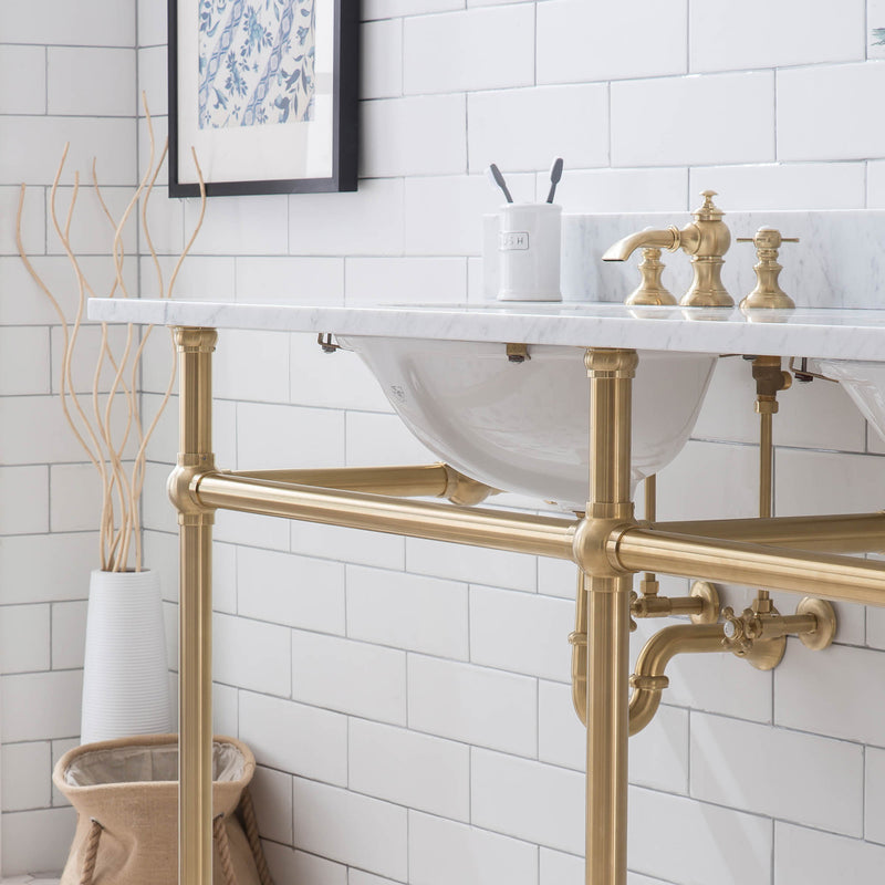 Water Creation Embassy 72" Wide Double Wash Stand P-Trap Counter Top with Basin F2-0013 Faucet and Mirror included In Satin Gold Finish EB72E-0613