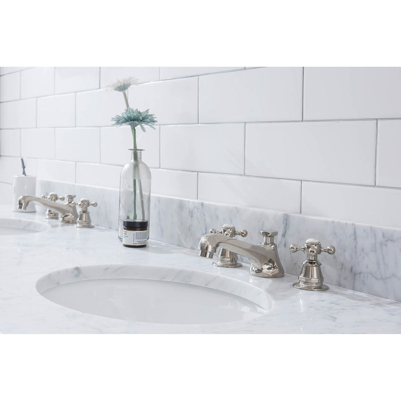 Water Creation Empire 72" Wide Double Wash Stand P-Trap Counter Top with Basin F2-0009 Faucet and Mirror included In Polished Nickel PVD Finish EP72E-0509