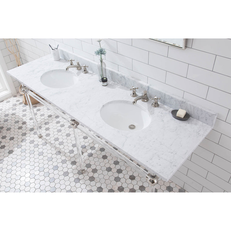 Water Creation Empire 72" Wide Double Wash Stand P-Trap Counter Top with Basin F2-0009 Faucet and Mirror included In Polished Nickel PVD Finish EP72E-0509