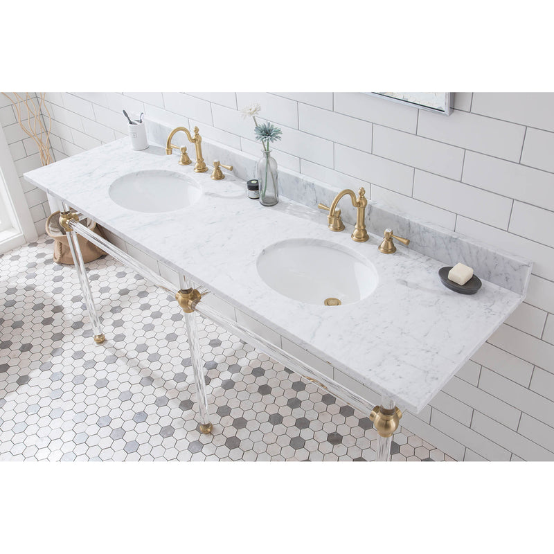 Water Creation Empire 72" Wide Double Wash Stand P-Trap Counter Top with Basin F2-0012 Faucet and Mirror included In Satin Gold Finish EP72E-0612