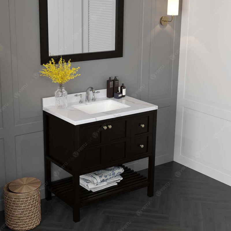 Modern Fittings Winterfell 36" Single Bath Vanity with Calacatta Quartz Top and Square Sink Nickel Faucet