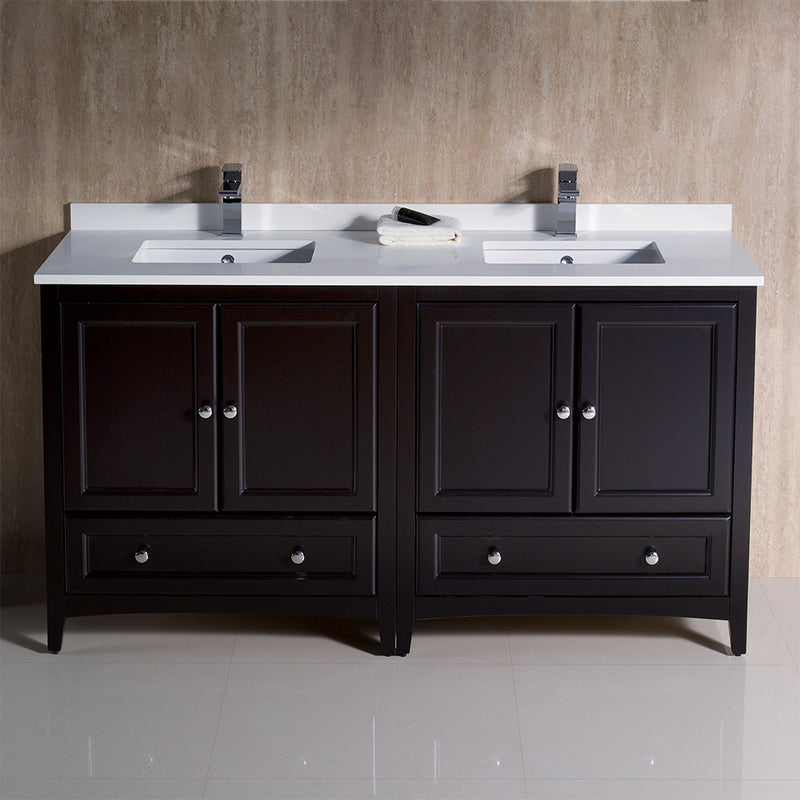 Fresca Oxford 60" Espresso Traditional Double Sink Bathroom Cabinets with Top and Sinks FCB20-3030ES-CWH-U