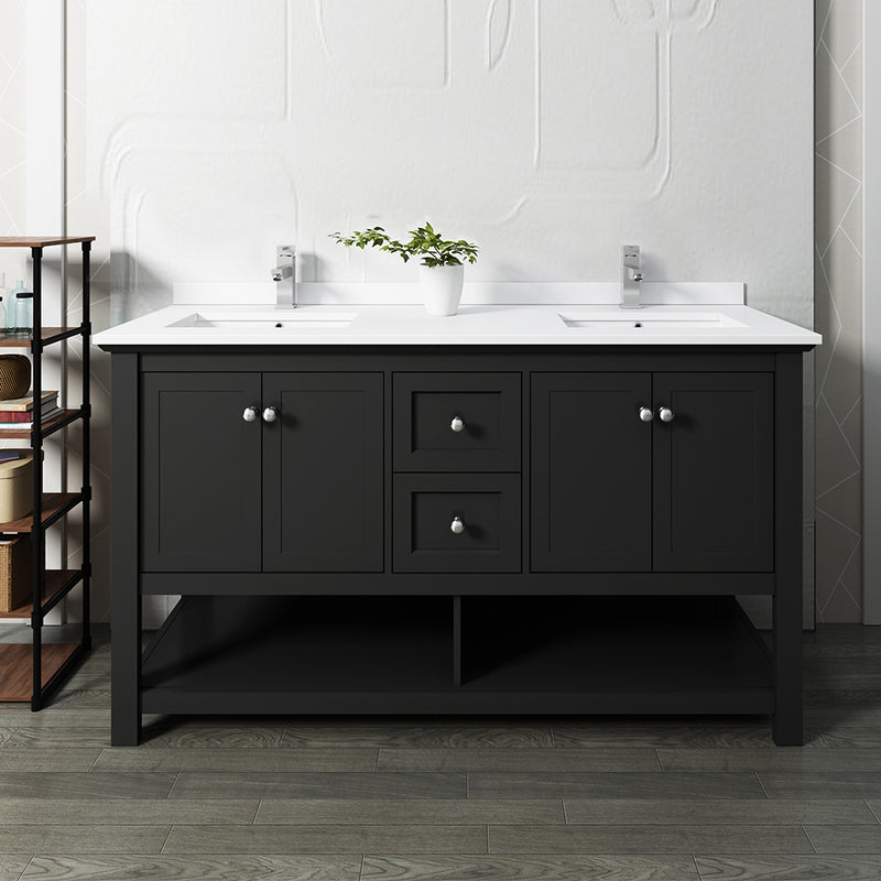 Fresca Manchester 60" Black Traditional Double Sink Bathroom Cabinet with Top and Sinks FCB2360BL-D-CWH-U