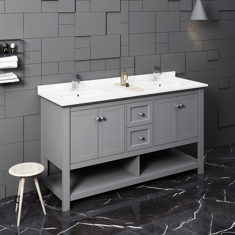 Fresca Manchester 60" Gray Traditional Double Sink Bathroom Cabinet with Top and Sinks FCB2360GR-D-CWH-U