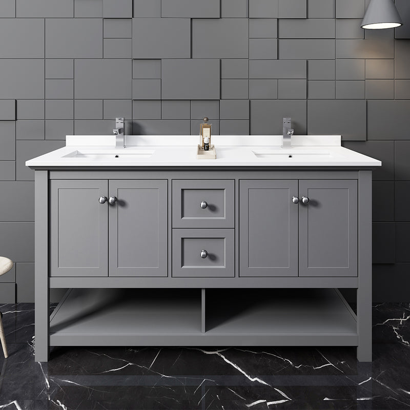 Fresca Manchester 60" Gray Traditional Double Sink Bathroom Cabinet with Top and Sinks FCB2360GR-D-CWH-U