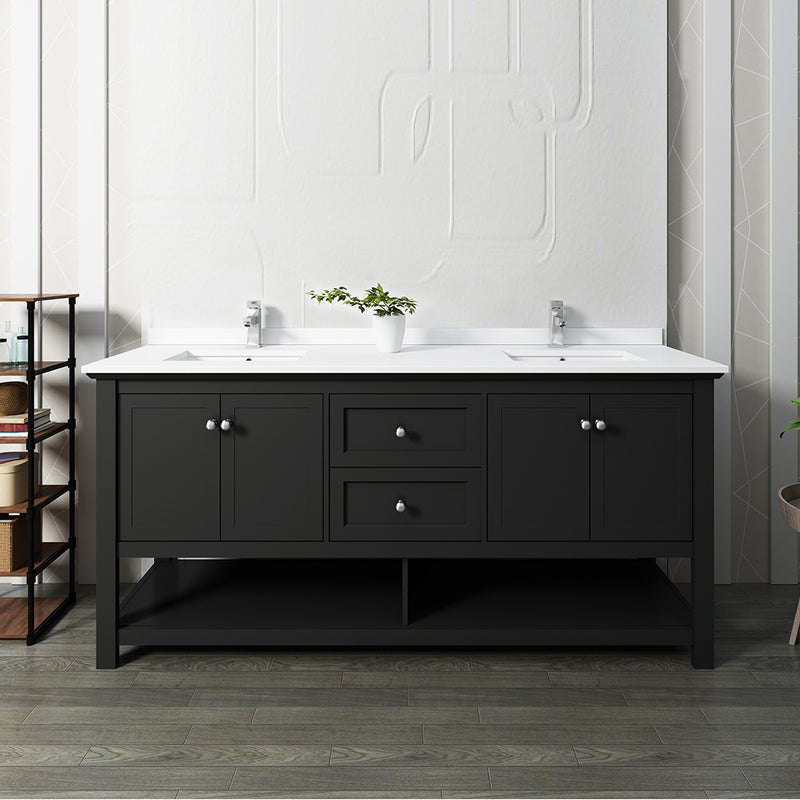 Fresca Manchester 72" Black Traditional Double Sink Bathroom Cabinet with Top and Sinks FCB2372BL-D-CWH-U