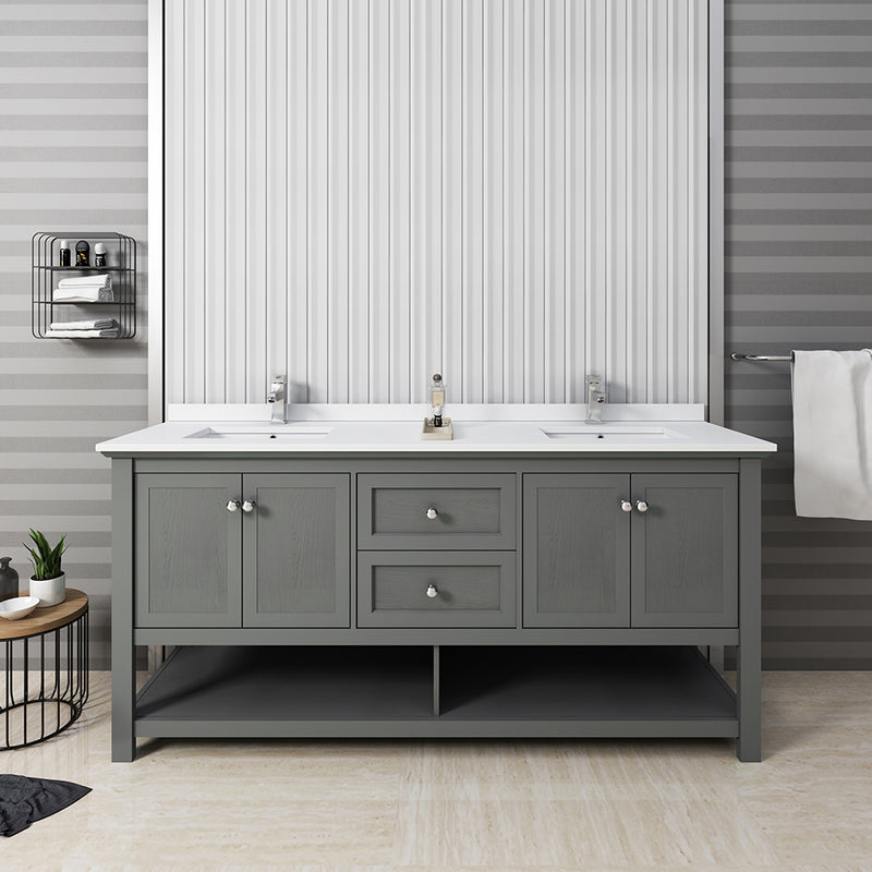 Fresca Manchester Regal 72" Gray Wood Veneer Traditional Double Sink Bathroom Cabinet with Top and Sinks FCB2372VG-D-CWH-U