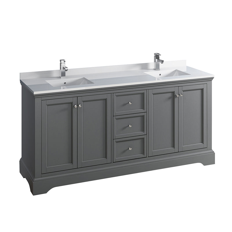 Fresca Windsor 72" Gray Textured Traditional Double Sink Bathroom Cabinet w/ Top & Sinks FCB2472GRV-CWH-U