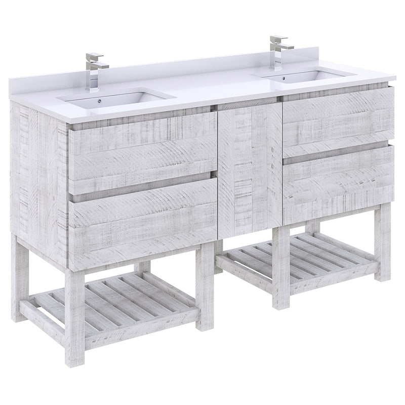 Fresca Formosa 60" Floor Standing Open Bottom Double Sink Modern Bathroom Cabinet w/ Top & Sinks in Rustic White FCB31-241224RWH-FS-CWH-U