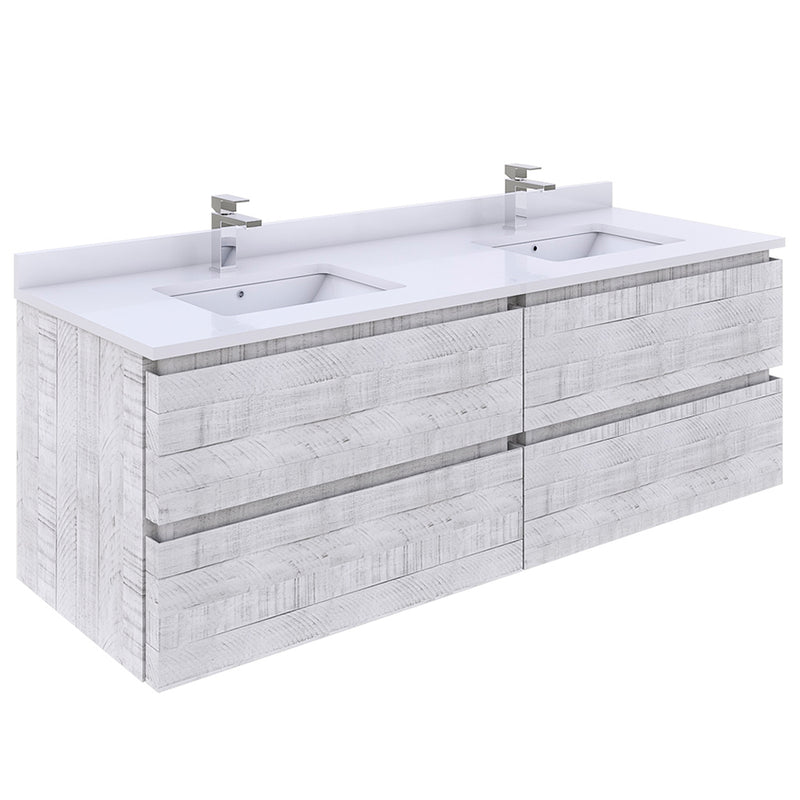 Fresca Formosa 60" Wall Hung Double Sink Modern Bathroom Cabinet w/ Top & Sinks in Rustic White FCB31-3030RWH-CWH-U