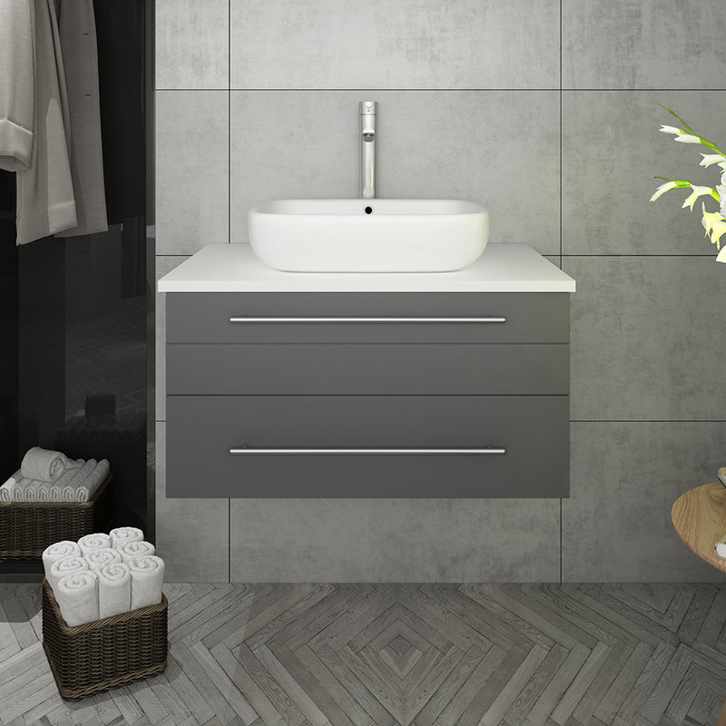 Fresca Lucera 30" Gray Wall Hung Modern Bathroom Cabinet with Top and Vessel Sink FCB6130GR-VSL-CWH-V