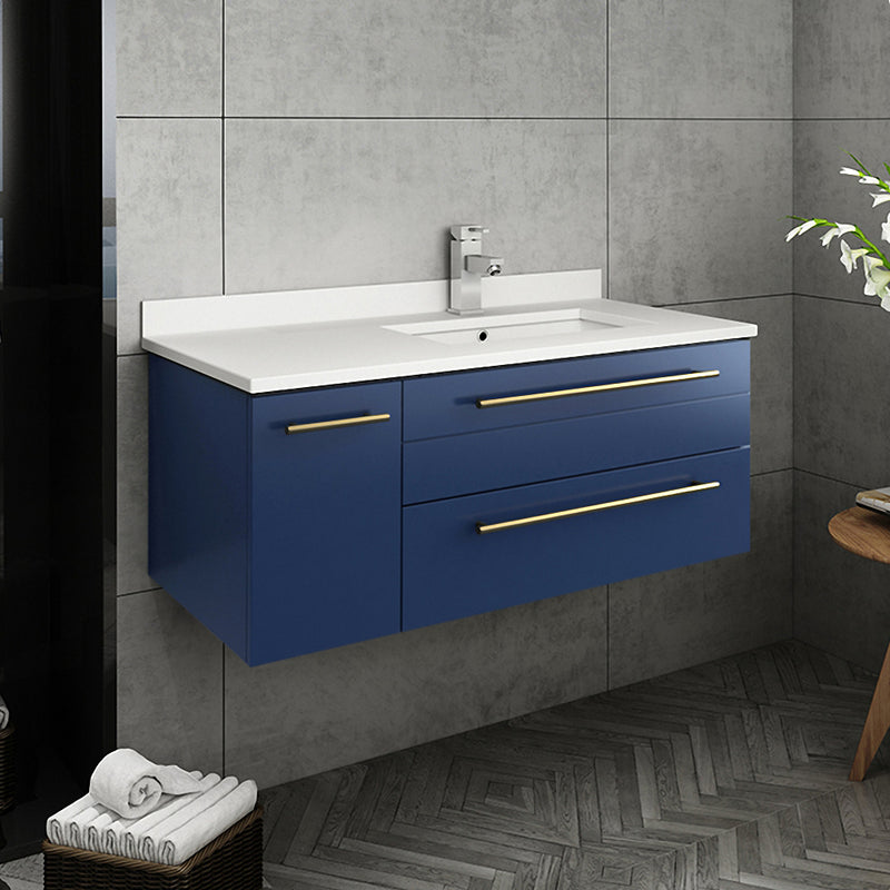 Fresca Lucera 36" Royal Blue Wall Hung Modern Bathroom Cabinet with Top and Undermount Sink - Right Version FCB6136RBL-UNS-R-CWH-U