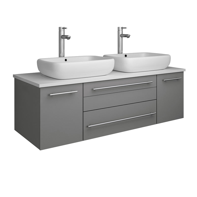 Fresca Lucera 48" Gray Wall Hung Modern Bathroom Cabinet w/ Top & Double Vessel Sinks FCB6148GR-VSL-D-CWH-V