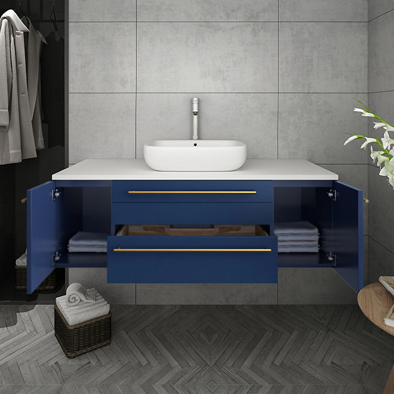 Fresca Lucera 48" Royal Blue Wall Hung Modern Bathroom Cabinet with Top and Vessel Sink FCB6148RBL-VSL-CWH-V