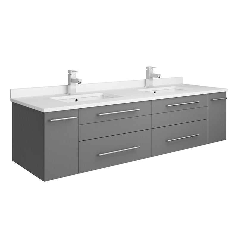 Fresca Lucera 60" Gray Wall Hung Modern Bathroom Cabinet w/ Top & Double Undermount Sinks FCB6160GR-UNS-D-CWH-U