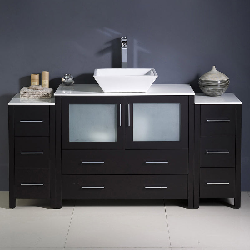 Fresca Torino 60" Espresso Modern Bathroom Cabinets with Top and Vessel Sink FCB62-123612ES-CWH-V